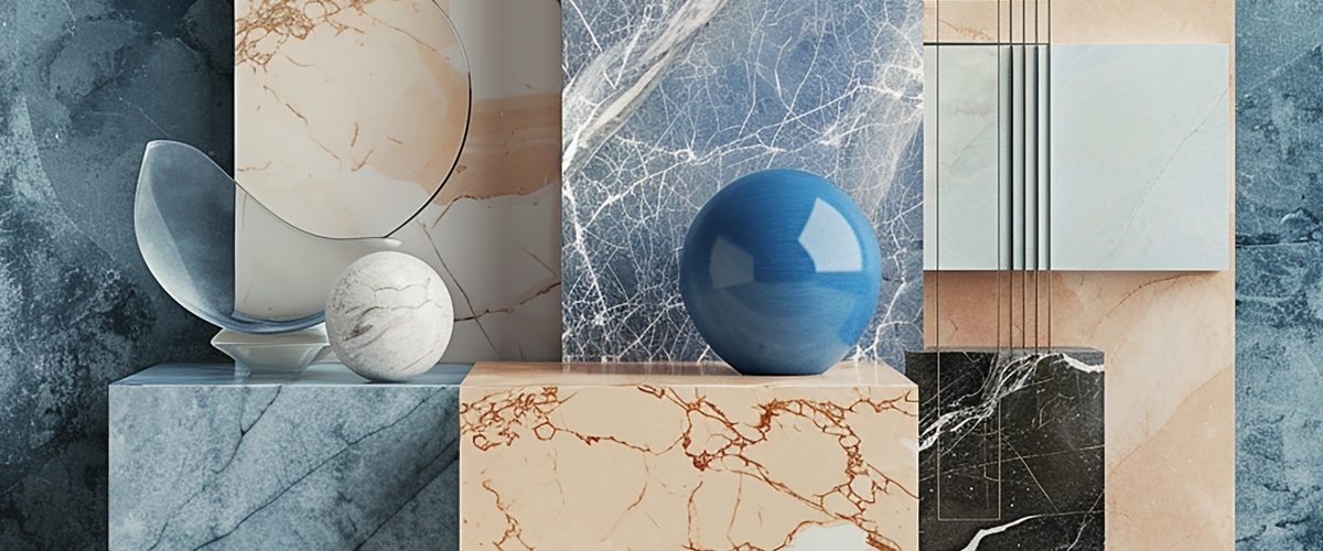 Room with marble wall blue vase with blue ball it 1200x500