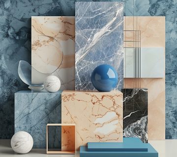 Room with marble wall blue vase with blue ball it 360x320
