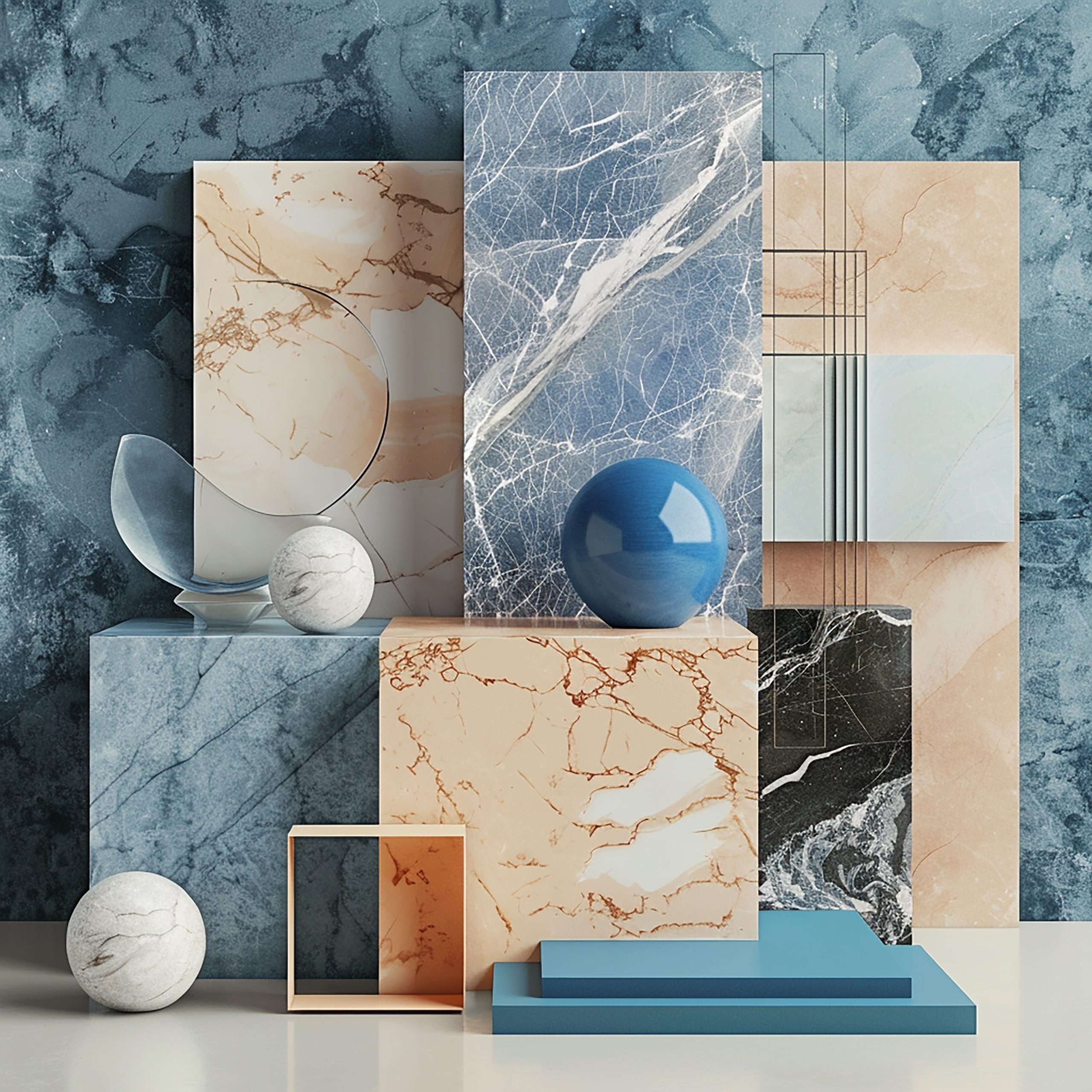 Room with marble wall blue vase with blue ball it scaled